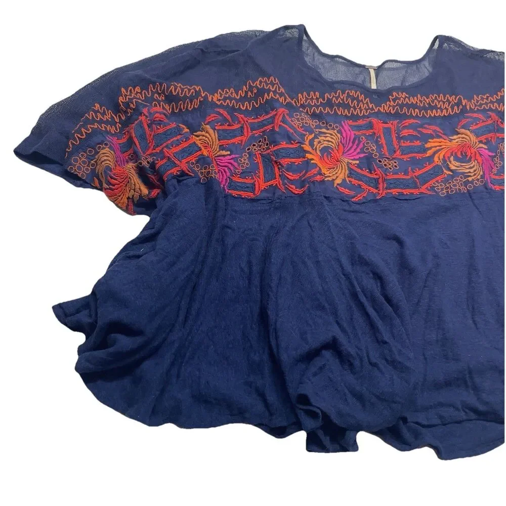 Free People MEDIUM Love Letter Embroidered Oversized Poncho Top Navy Blue Boho